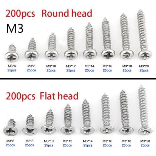 200pcs M3 Stainless Steel Flat Head Screws Kits High strength Self-Tapping Screws Assortment Set For Wood Furniture