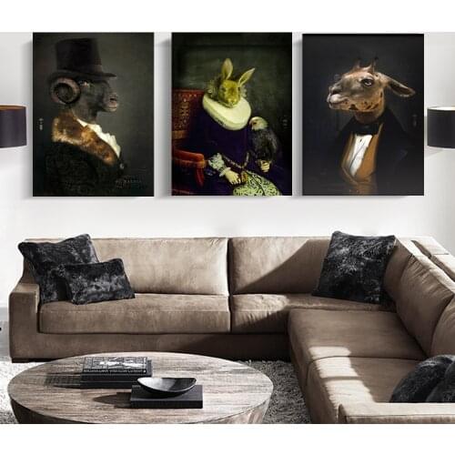 Wall Art Retro Nostalgia Gentleman Oil Paintings Animal Head Style Posters Print Canvas Painting for Living Room Home Decora