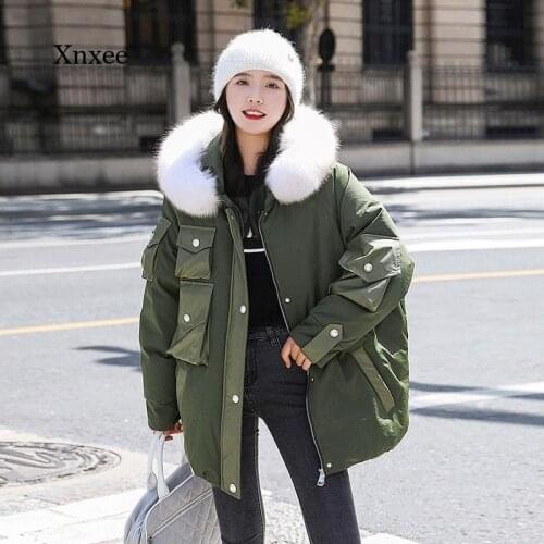 2021 Winter Hooded Coat New Rabbit Fur Big Fur Collar Tooling Loose Thick Down Jacket Women Short White Duck Down Warm Outwear