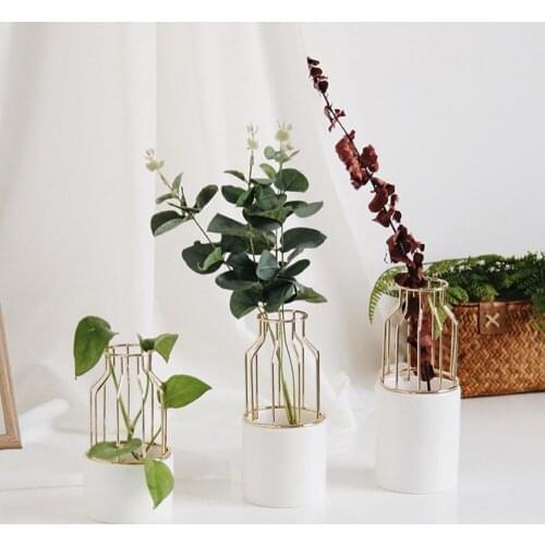 New Arrivals Hydroponic Ceramic Whiteware Flowerpot With Artistic Iron Shelf Succulent Planter Indoor Desktop Decoration