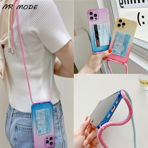 Anti-fall Gradient Cover With Rainbow Color Lanyard Card Wallet Phone Case For Samsung Galaxy S21 Plus Ultra A21s A51 A71 M40s