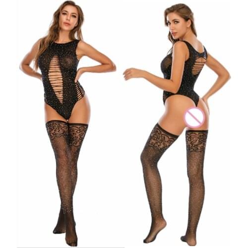 Transparent Fishnet Bodycon Bodysuit Sexy Lingerie Mesh Fabric Embroidery Diamond Nylon Stockings Sets Erotic Women Sex Cosplay