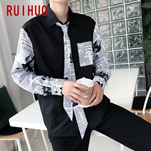 RUIHUO Patchwork Black Shirts For Men Korean Fashion Clothing Men Shirt Long Sleeve Mens Shirts Casual Slim Fit 2021 M-3XL