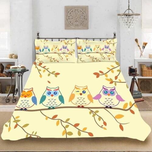 Cute Owl Printed Bedding Set 3d Cartoon Animal Microfiber Yellow Down Quilt Cover Pillowcase Childrens Room Decor Bedding
