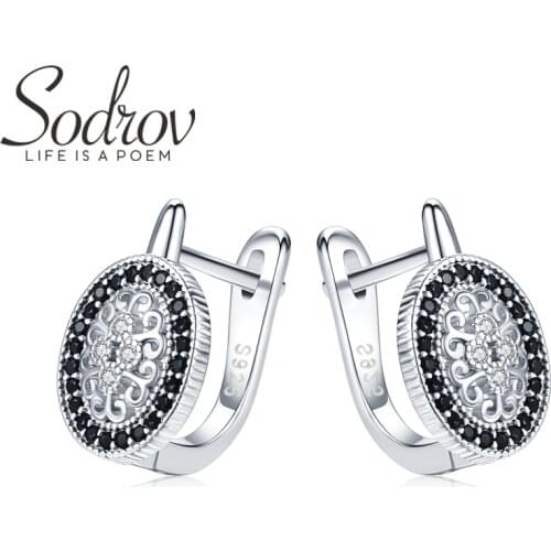 Sodrov Classic 925 Sterling Silver Round Black Trendy Spinel Engagement Hoop Earrings for Women Fine Jewelry Bijoux I149