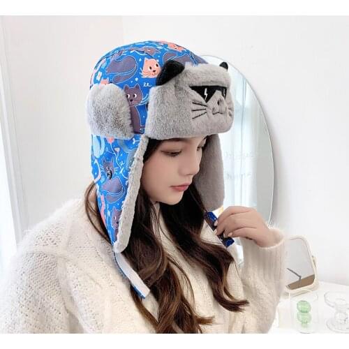 Womens Autumn and Winter Outdoor Lei Feng Hat Cartoon Ear Caps Warm Tide Plane Hat Cat Ear Ski Hat