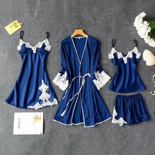 Daeyard Womens Pajamas Sexy Appliques Summer Pijama 4 Pieces Silk Cami Set Lace Robe Nightie Casual Home Suit Sleepwear Pjs Set