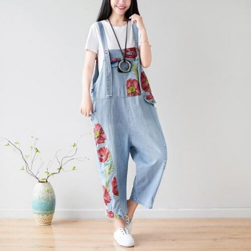 Women Summer Retro Printed Floral Patchwork Holes Bleached Denim Pants Overalls Female Jumpsuits Ladies 2019 Rompers Trousers