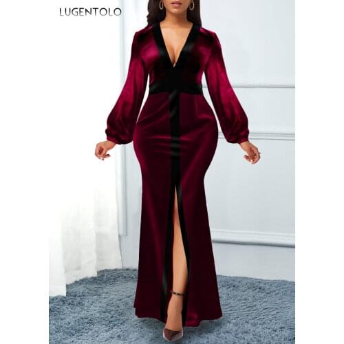 Women Party Dress Slim Bodycon Sexy Dresses V-neck Long Sleeve Spring Autumn Dinner Womens Maxi Dress Lugentolo