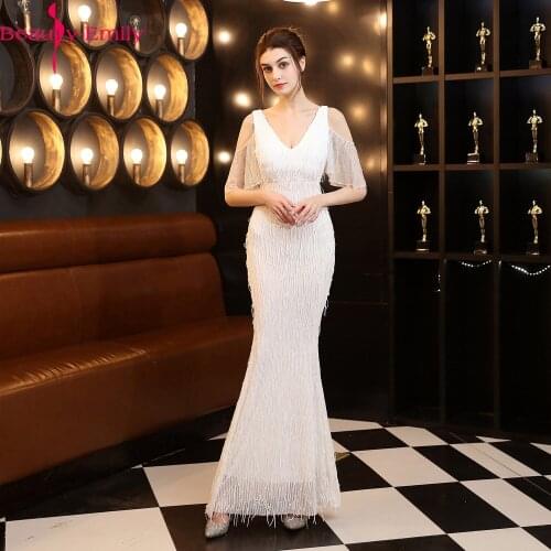 Beauty Emily Sexy Deep V Neck Sequined Evening Dresses Long 2020 Charming Sleeveless Luxurious Tassel Mermaid Evening Gown