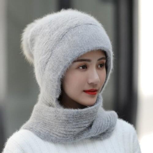 Winter Women Skullies Hats Combined with Scarf rabbit hair knit hat for warm outdoor cycling winter cap beanies for ladies
