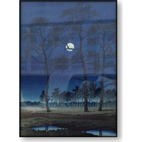 Winter Moon Toyama Plain Kawase Hasui Japanese Art Poster Woodblock Print Reproduction Canvas Print Moon Blue Wall Art Decor