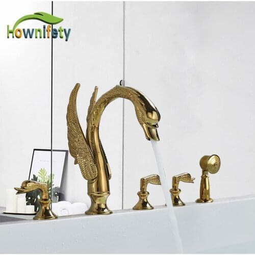 Gold Bathroom sink Faucet Hot and Cold Mixer Tap brass Hand Shower 5 pc 3 handles Deck Mounted Tub Facuet