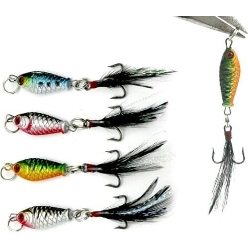 4pcs 2.5cm 4.8g Mini Metal Fishing Lure Crap Fishing Crankbait Artificial Bait Lead Jigs Fishing Wobblers Feather Hook