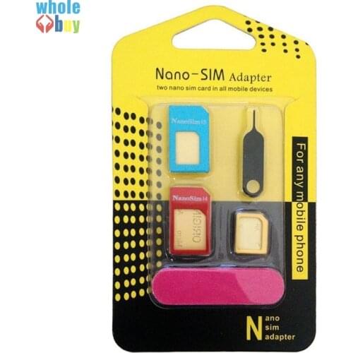 500set/lot 5 In 1 Nano Micro Standard Sim Card Adapter Kit Converter with Sander Bar Tray Open Needle for Iphone Samsung Huawei
