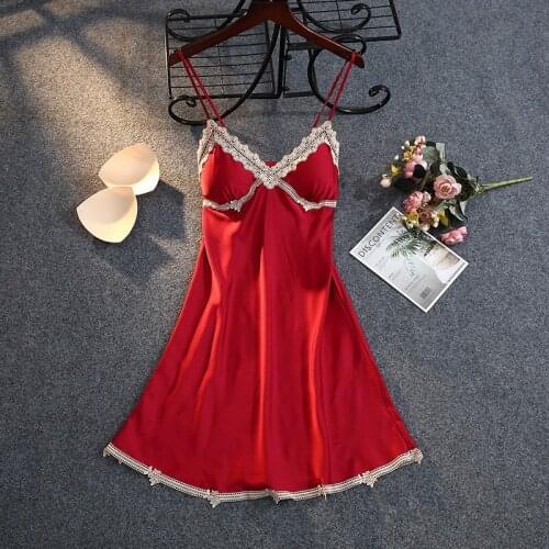 Satin Sexy Lace Nightgown Bride Burgundy Mini Sleepwear Women Summer Strap Nightie V-Neck Backless Gown Ice Silk Casual Nighty