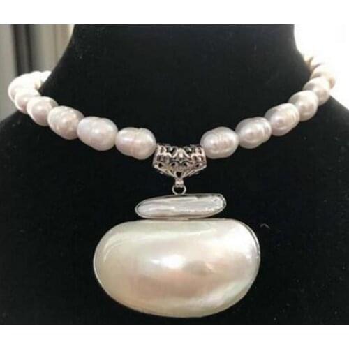 Free Shipping 17" 10-13mm white biwa dens pendant freshwater pearl necklace mabe pendant