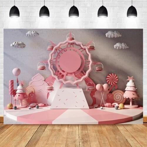Laeacco Happy Baby Birthday Party Pink Cartoon Ferris Wheel Candy Gift Balloon Child Portrait Photography Background Photostudio