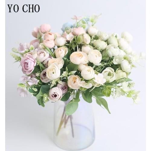 YO CHO Artificial Flower Silk Rose Bunch 5 Fork 10 Heads Fake Tea Rose Wedding Girl Mini Bouquet Flower Home Party Wedding Decor