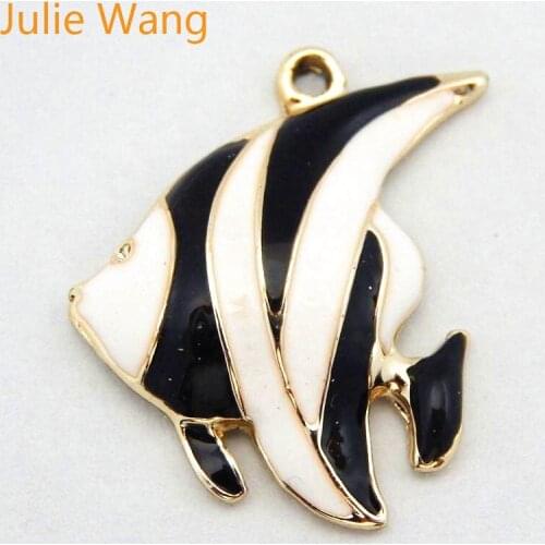 Julie Wang 8PCS Alloy Enamel Black White Tropical Fish Charms Jewelry Handcrafts Bracelet Earrings Making Pendant Accessory