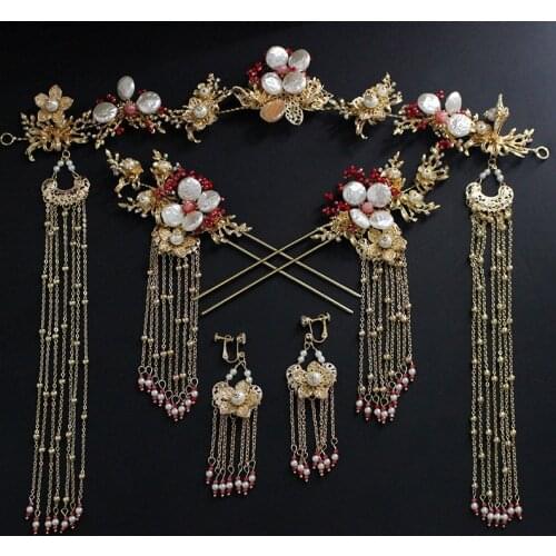 Chinese tassle flower orient style brides headdress tiaras novia wedding hair accessories