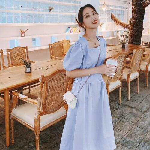 Summer Cotton Dress Women Square Collar Draw String Waist Short Puff Sleeve Dresses Young Preppy Style Pure Color Korean Clothes
