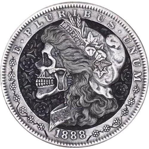 US UNITED STATES LIBERTY HOBO 1888 Skull Zombie Skeleton Metal Badge Hand Carved Morgan Commemorative Coin Necklace