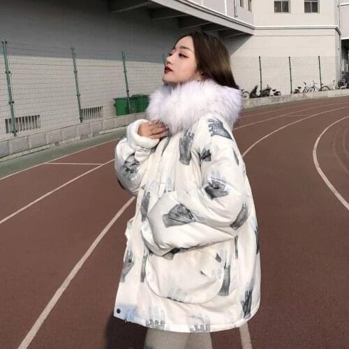 Fashion Print Cotton Coats Women Winter Jackets Oversize Warm Down Cotton Parka Jacket Woman Casual Loose Outwear Hooded Jackets