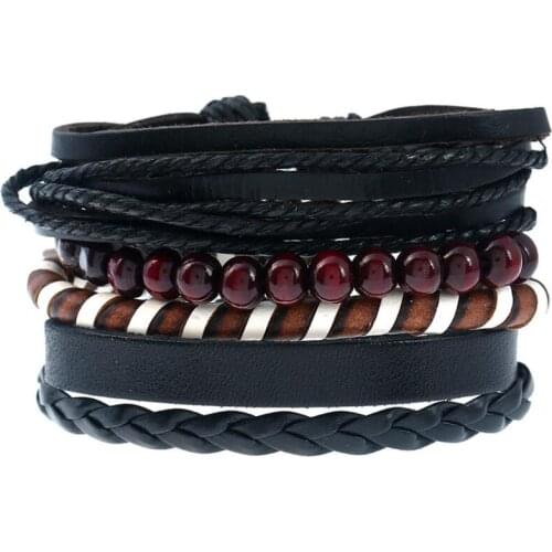 Fashion Men Multilayer Handmade Leather Bracelet Vintage Punk Beads Beaded Charm Braided Rope Chain Wristbands Retro Bangle Wrap