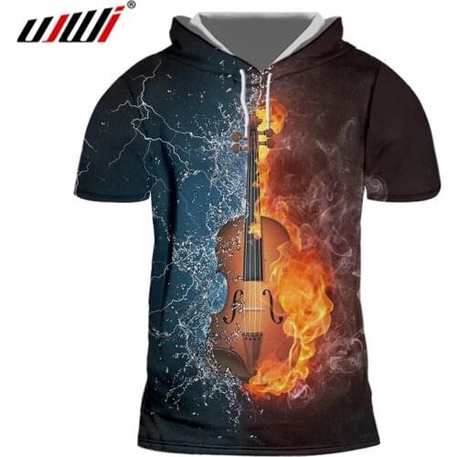UJWI Mens New Cool Tee Shirt 3D Printed Creative Flame Violin Stitching Vortex Clothing Man Spandex Hooded Tshirt Dropshipping