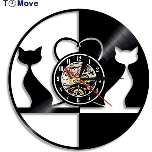 Cats Couple Wall Clock Kittens Vinyl Record Wall Clock Living Room Decor Black Cats Silhouette Housewarming Gift For Cat Lover