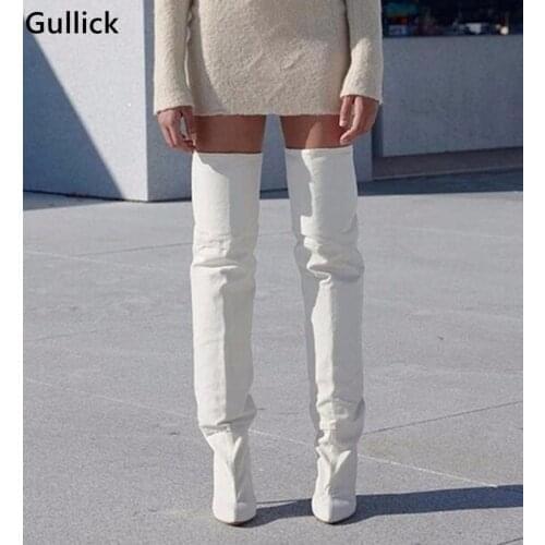 Newest 2020 White Leather Thigh High Boots Fashion Designer Chunky Boots Over The Knee Boots Thin High Heels Woman Stage Shoe