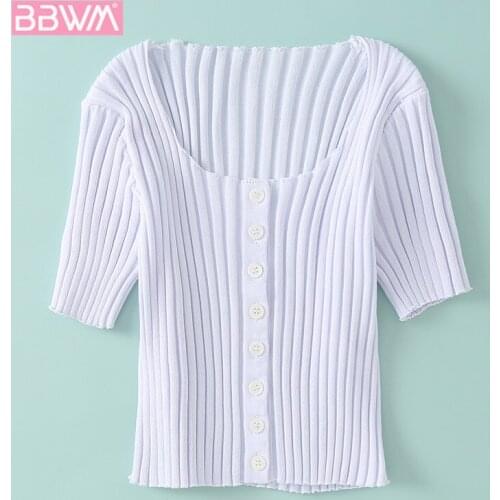 New Womens Cardigan 2020 Square Neck Short Sleeve Knit Versatile Slim Retro Striped Single-breasted High-waisted T-shirt Female