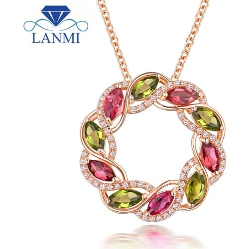 Real Solid 18K Rose Gold Natural Pink Green Tourmaline Wedding Pendant Necklace Luxury Diamond for Mom Colorful Gem Jewelry Gift
