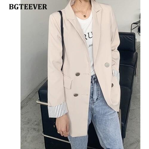 BGTEEVER Casual Double Breasted Loose Women Blazer Jacket Notched Collar Long Sleeve Female Suit Coats 2021 Spring Outwear Tops
