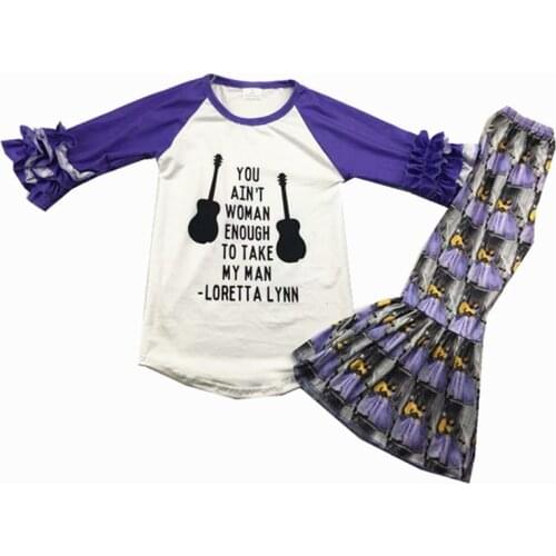 Wholesale purple ruffle sleeves raglan shirt bell bottom boutique set
