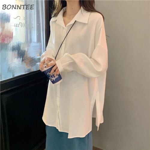 Shirts Women Long Tops Mujer White Casual Korean Style Simple Teens Spring Newly Solid Side-slit Clothing Ulzzang Straight Loose
