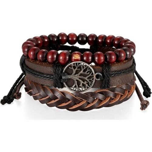 Boniskiss Vintage Braided Wrap Leather Bracelets for Men Woman Life Tree Rudder Charm Wood Beads Ethnic Tribal Wristbands