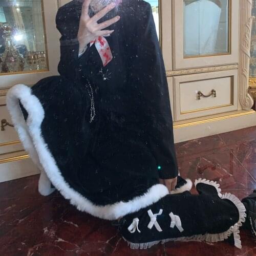 Ruibbit New Arrival Harajuku Gothic Punk Japanese Autumn Winter High Waist Black Velvet Length Skirts Womens Black Skirt