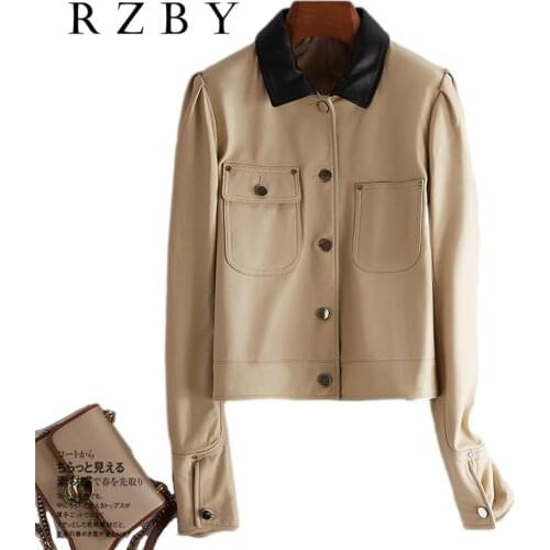 Women Genuine Leather Biker Jacket Spring 2021 new arrival Pocket outerwear Natural Sheepskin Coat Solid Clothing RZBY354