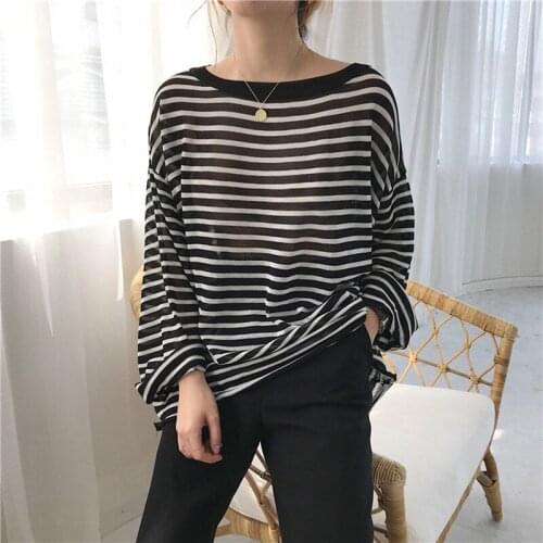 T-shirt Women Long Sleeve Sweet Soft Breathable Thin Leisure All-match Womens O-Neck Striped Trendy Sunscreen Tees Clothing New