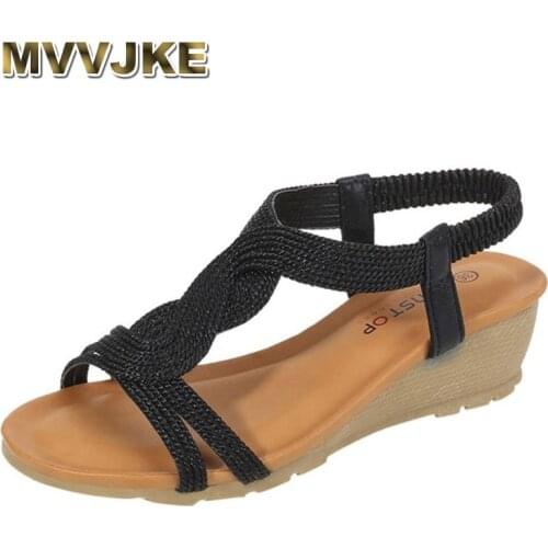 MVVJKE New Style Elevator Shoes Lightweight Slip-on Sandals Embroidered Casual Golden Lines Elastic Fashion Women Wedge Heels