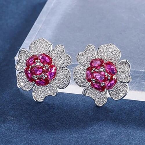 2021 Trend Vintage High Carbon Diamond Ruby Gemstone Flower-shaped Earrings For Women 925 Sterling Silver Female Jewelry Gift