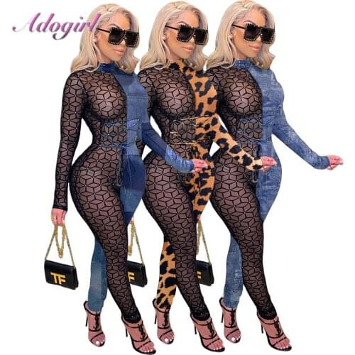 Winter Fall Sexyleopard Print Lace Up Mesh See Though Patchwork WomenS Jumpsuit Party Club One Piece Outfit Rompers Overalls