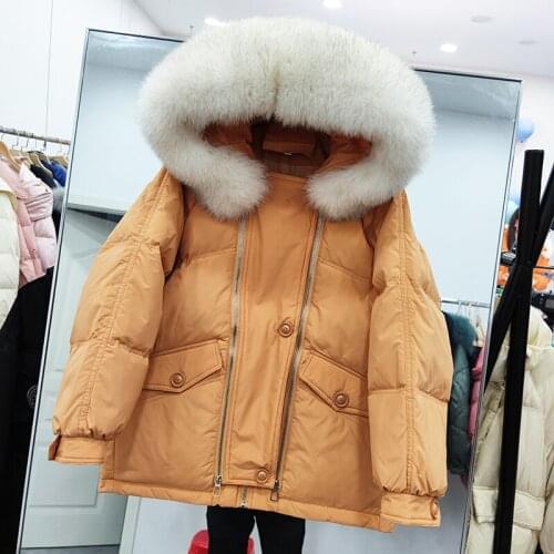 90% White Duck Down Coat Large Real Fox Fur Hooded Down Jacket 2021 New Winter Pocket Loose Thick Warm Snow Outwear