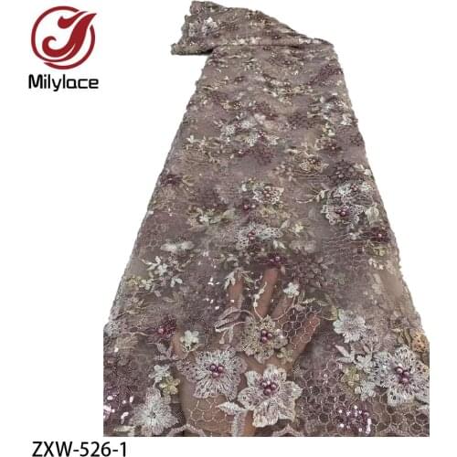 African Beaded Lace Embroidered Nigerian Laces Fabric High Quality French Sequins Tulle Lace Fabric for Wedding Party ZXW-526