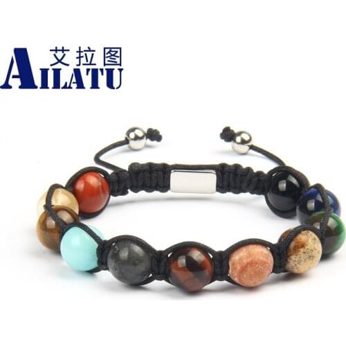 Ailatu New Eight Planets Beaded Macrame Bracelet Natural Mix Stones Universe Yoga Chakra Solar Jewelry Stainless Steel Logo