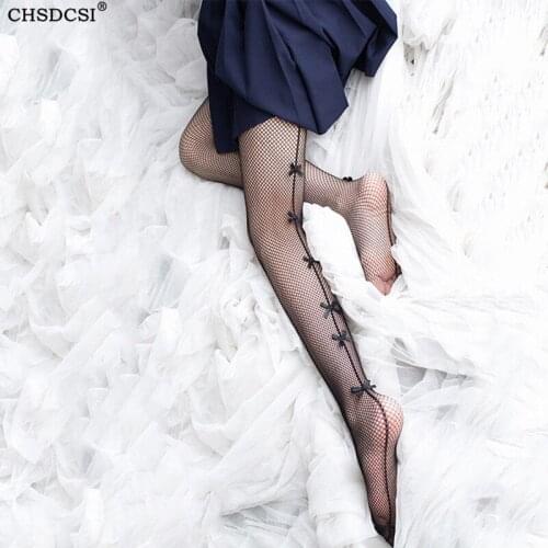 CHSDCSI 1PC Sexy Women Pantyhose Summer Nylon Print Tights Stockings Step Foot Seamless Pantyhose Bow Fishnet Mesh Black