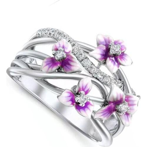 Elegant Purple Flower Ring Violet Flower Purple Crystal Rings Small Fresh Summer Decor Ring Jewelry Lady Birthday Gift