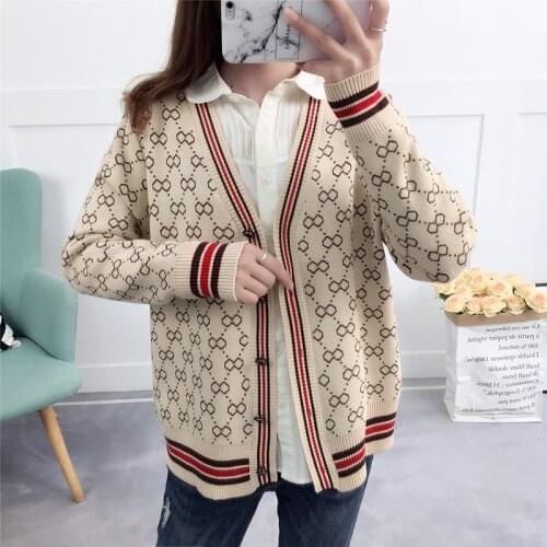 Women Sweater Luxury Style Knitted Cardigan Coat Wholesale Winter Plaid Stripe Loose Soft Female New Long Sleeve Knitwear